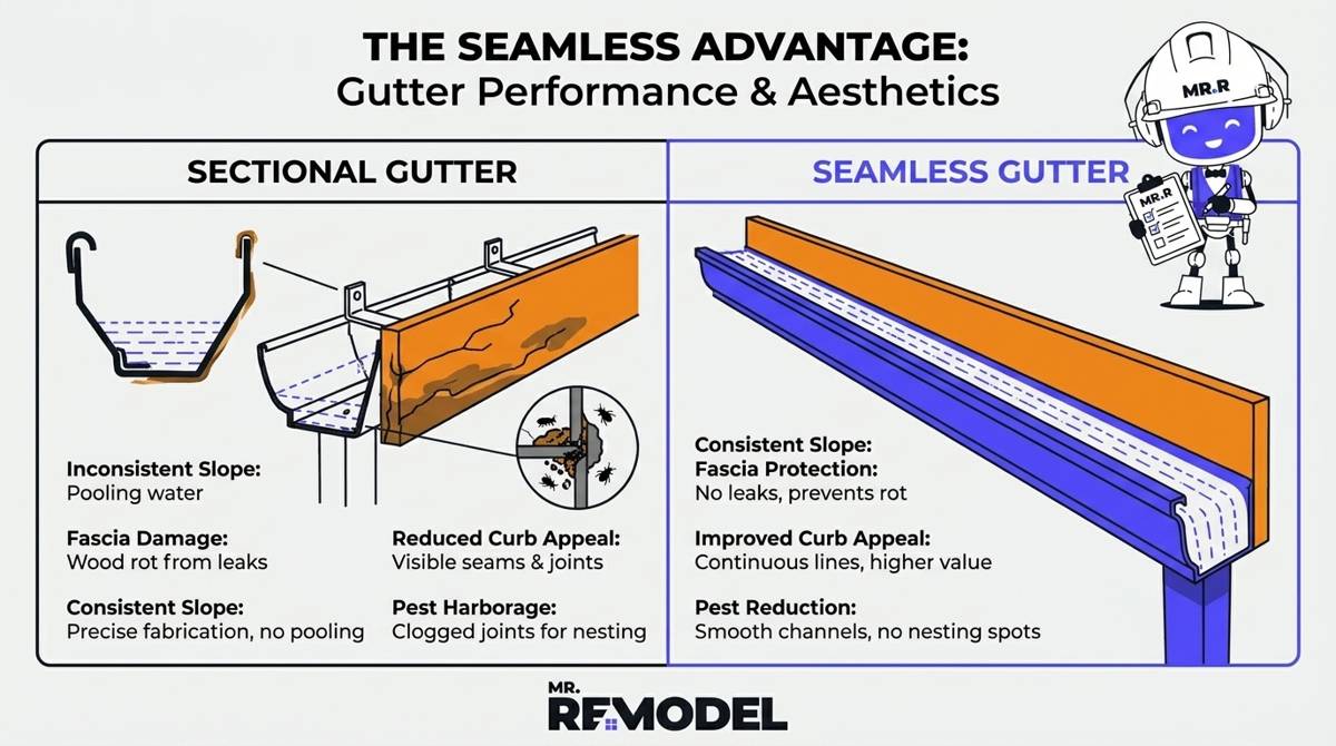 An infographic comparing seamless gutter versus regular ones.